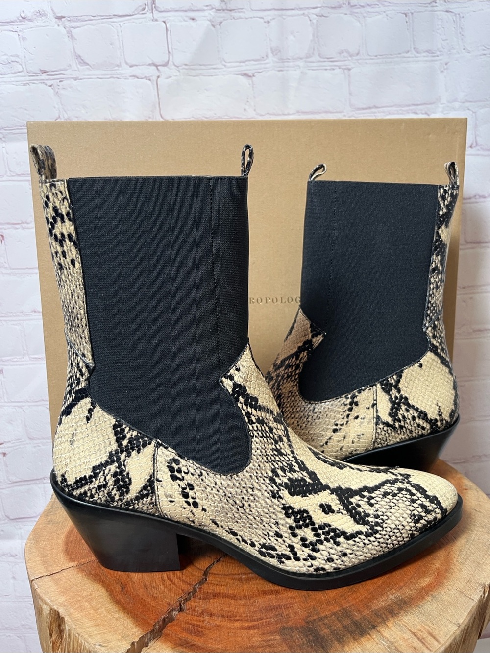 By Anthropologie Sleek Western Ankle Boots Snakeskin Print Size 41
